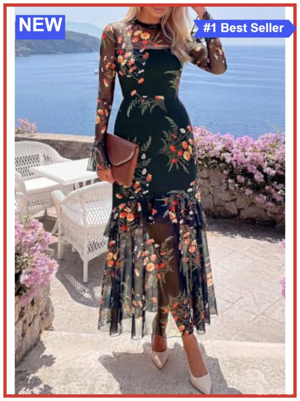 Elegant Long Sleeve Floral Maxi Dress Crew Neck A-Line Semi-Formal - Picture 3 of 6